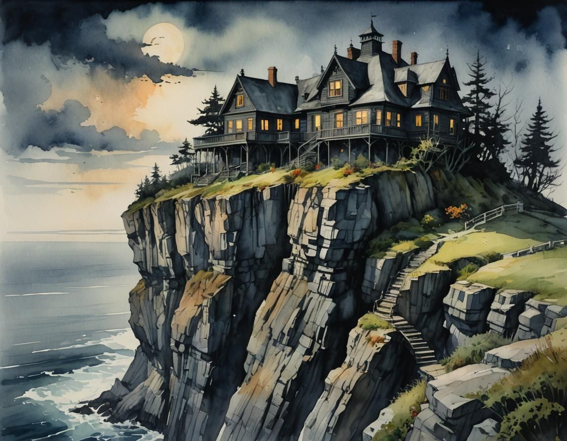Spooky House on Cliff in Watercolor Style