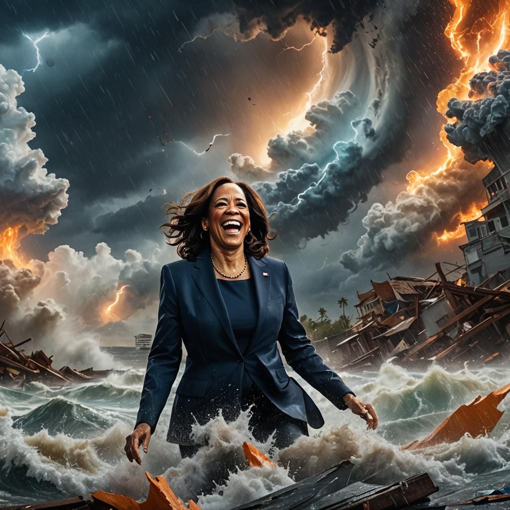 Kamala Harris Laughing in Hurricane, Fantasy Illustration