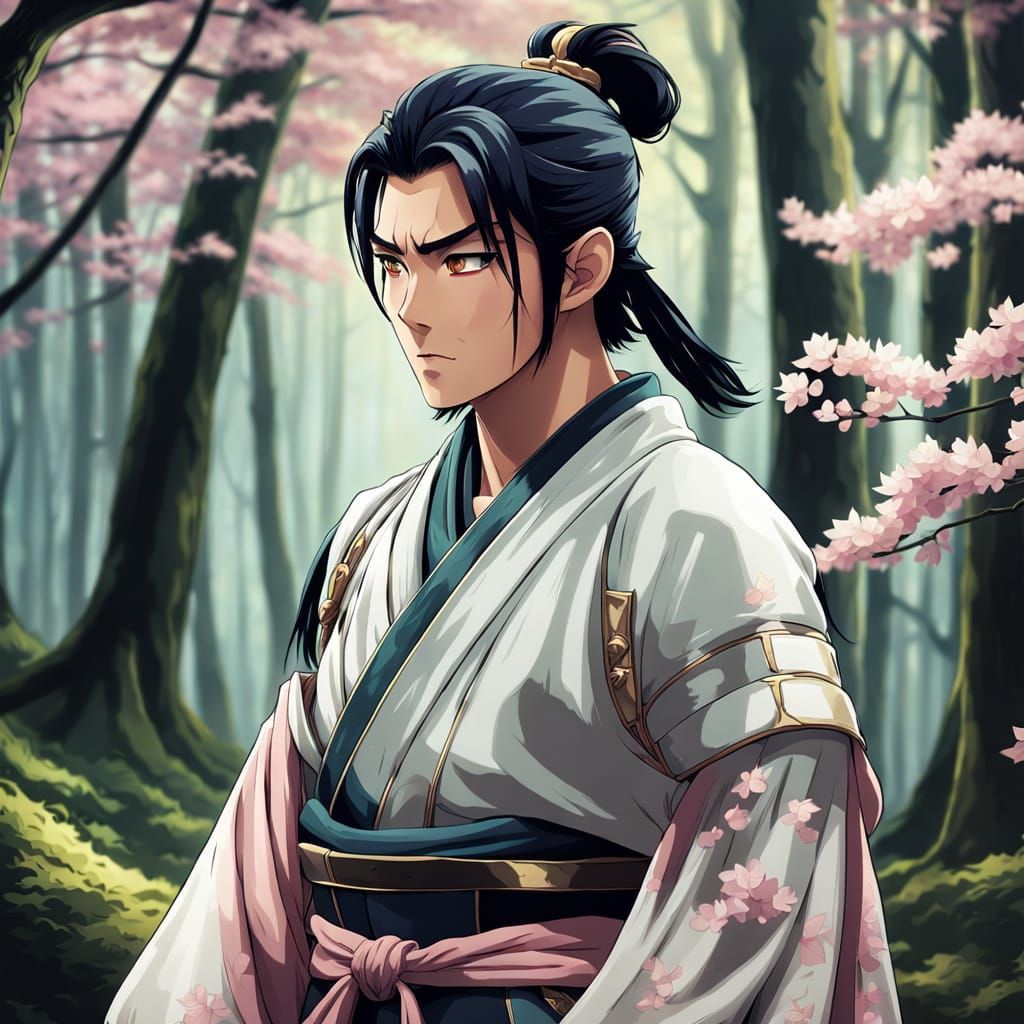 Samurai Contemplates in a Serene Forest Landscape