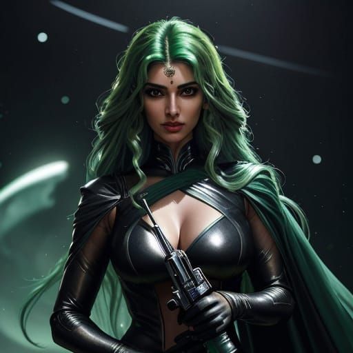 Green-Haired Woman with Pistol in Spaceport