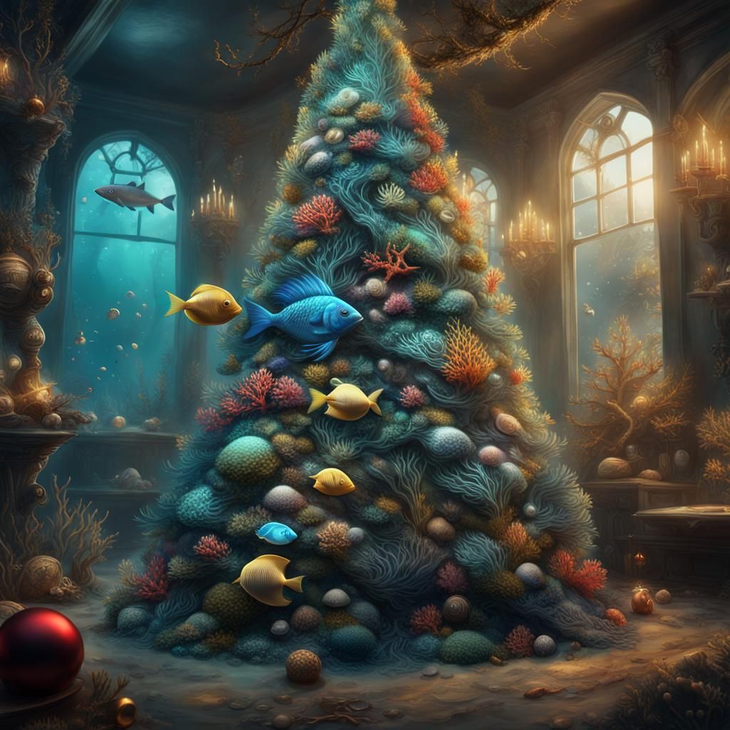 Underwater Christmas Tree with Seashells and Fish