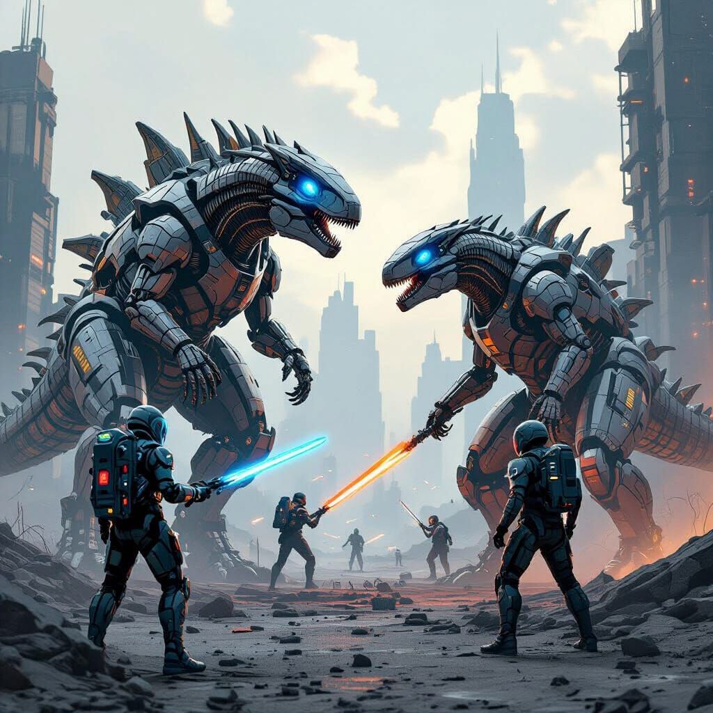 Robot Dinosaurs Battle Humans in Cyberpunk Cityscape