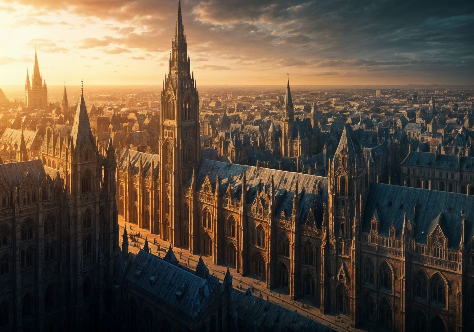 Sublime Gothic Metropolis Unfolds Under Golden Hour
