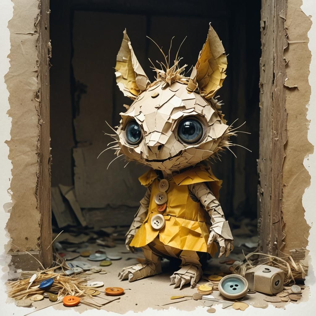 A small creature made from crumpled paper and old buttons.