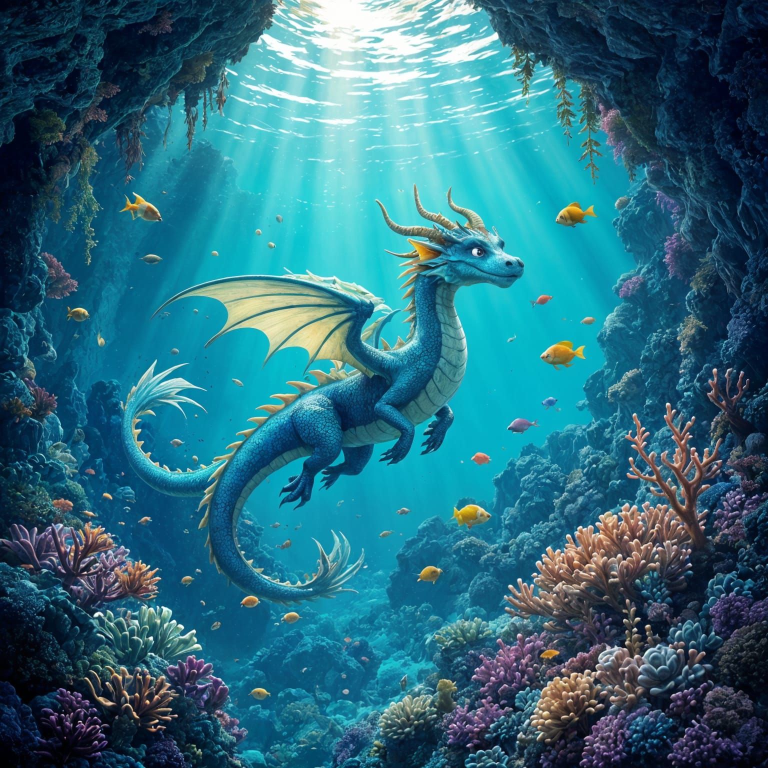 Vivid Dragon Glides Through Crystalline Waters: 3D Digital A...