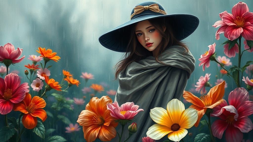 Neo-Impressionist Garden Scene with Woman in Hat