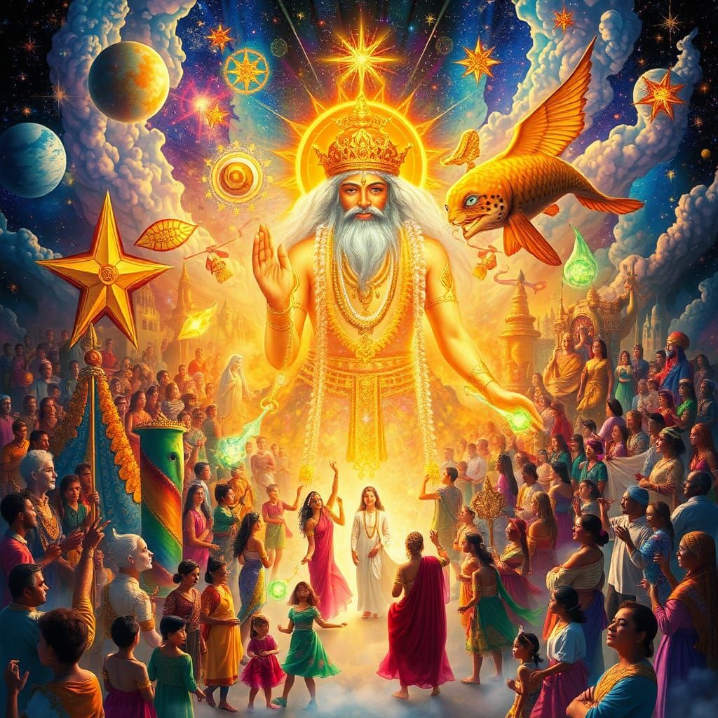 Celestial Gathering: Divine Beings and Multicultural Crowd