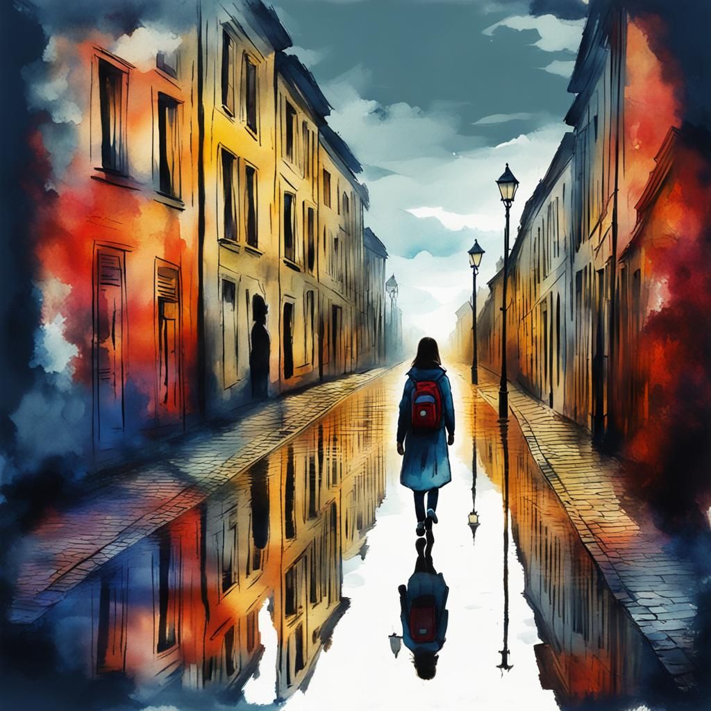 Girl Walks on Wet Street with Watercolor Effects