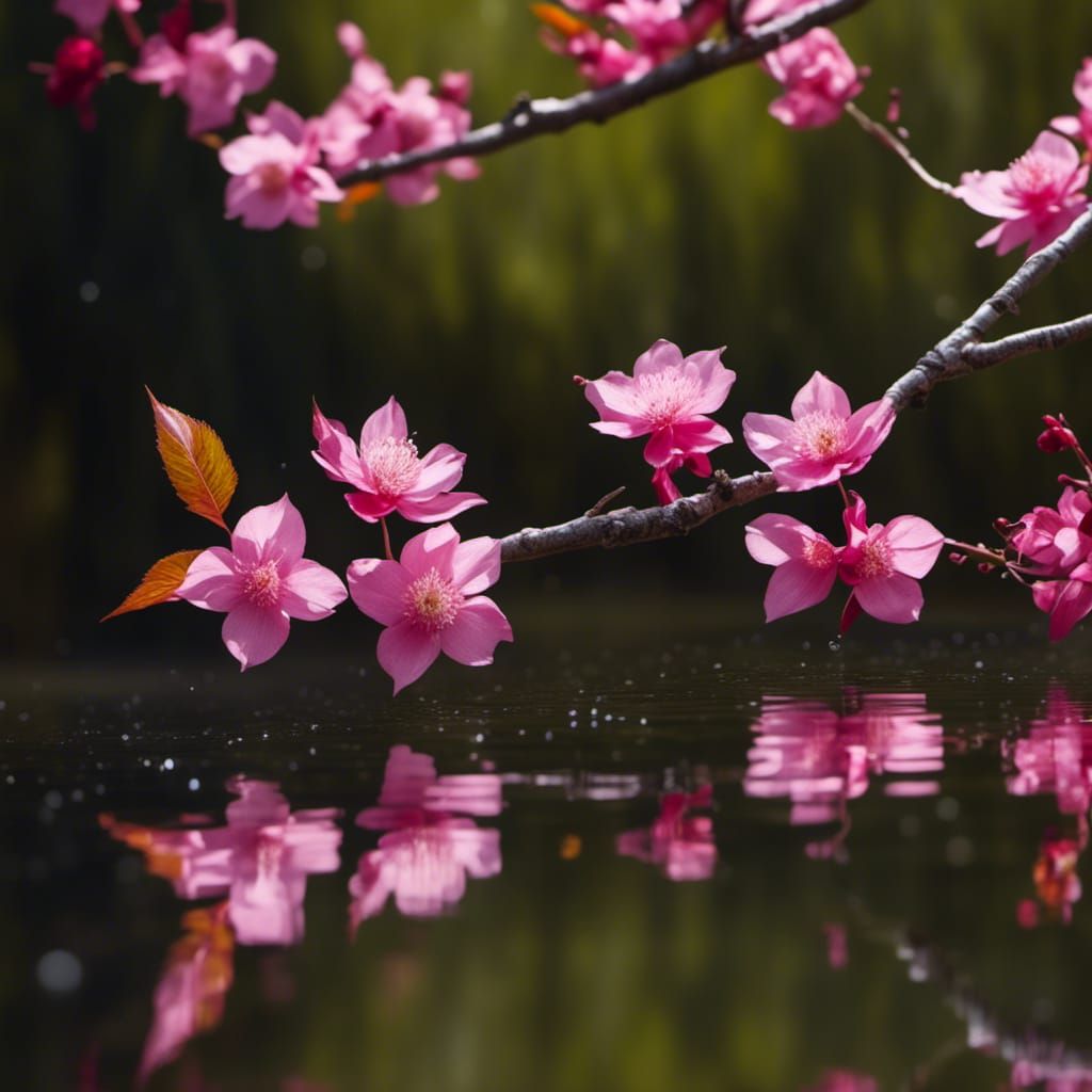 Cherry Blossom Branch Reflected in Lake Water