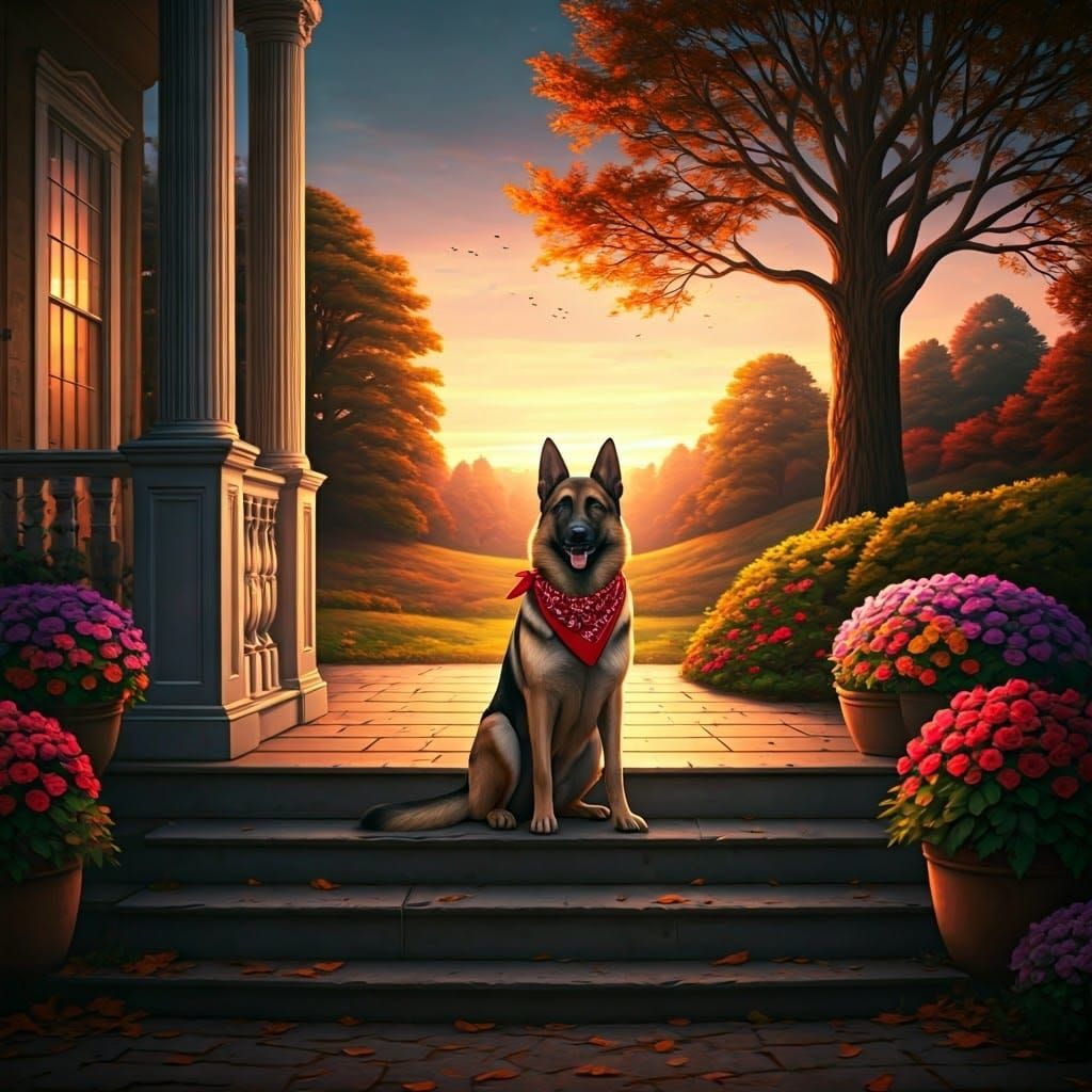 German Shepherd on Country Porch in Synthwave Aesthetic