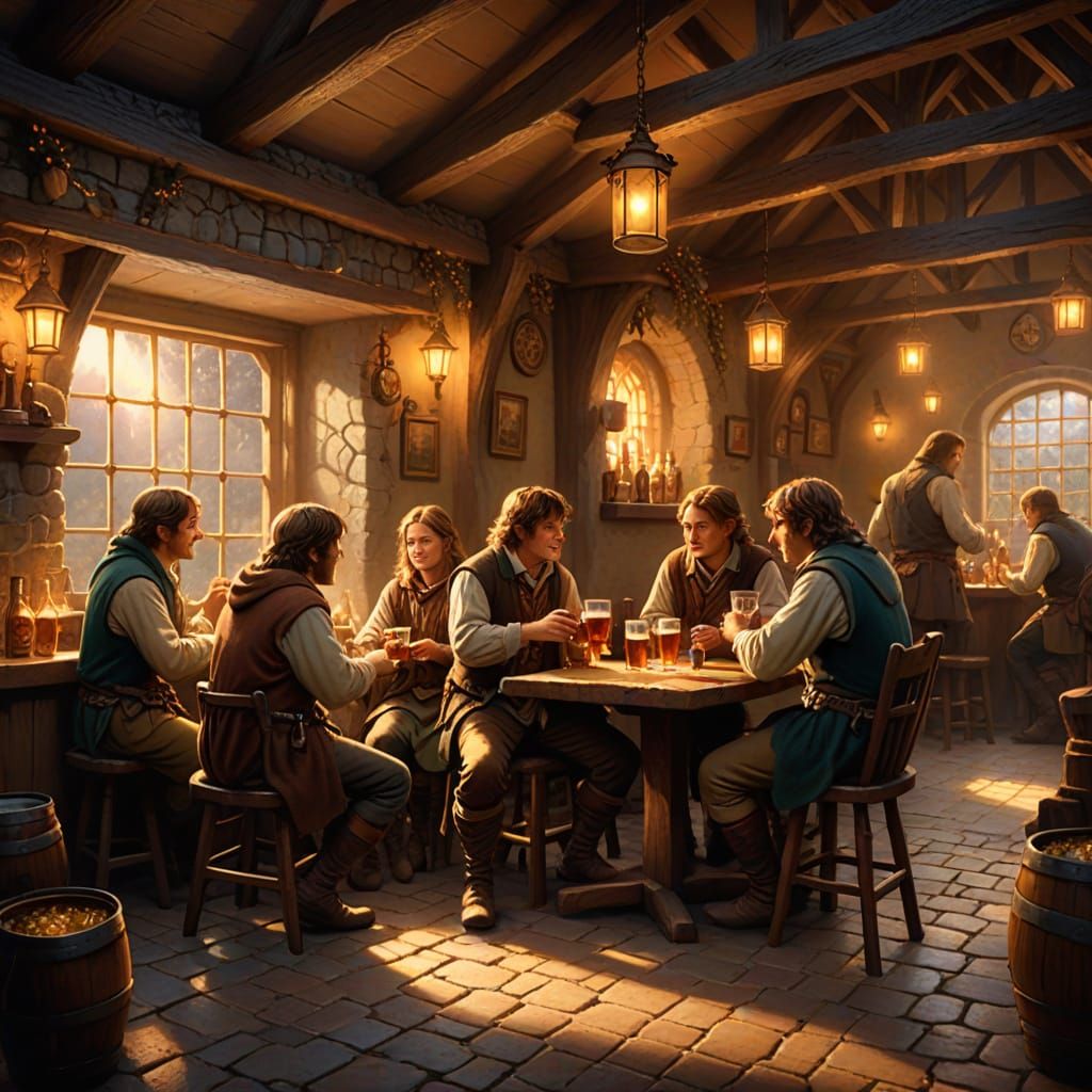 Hobbits Enjoying Beer in Cozy Prancing Pony Inn