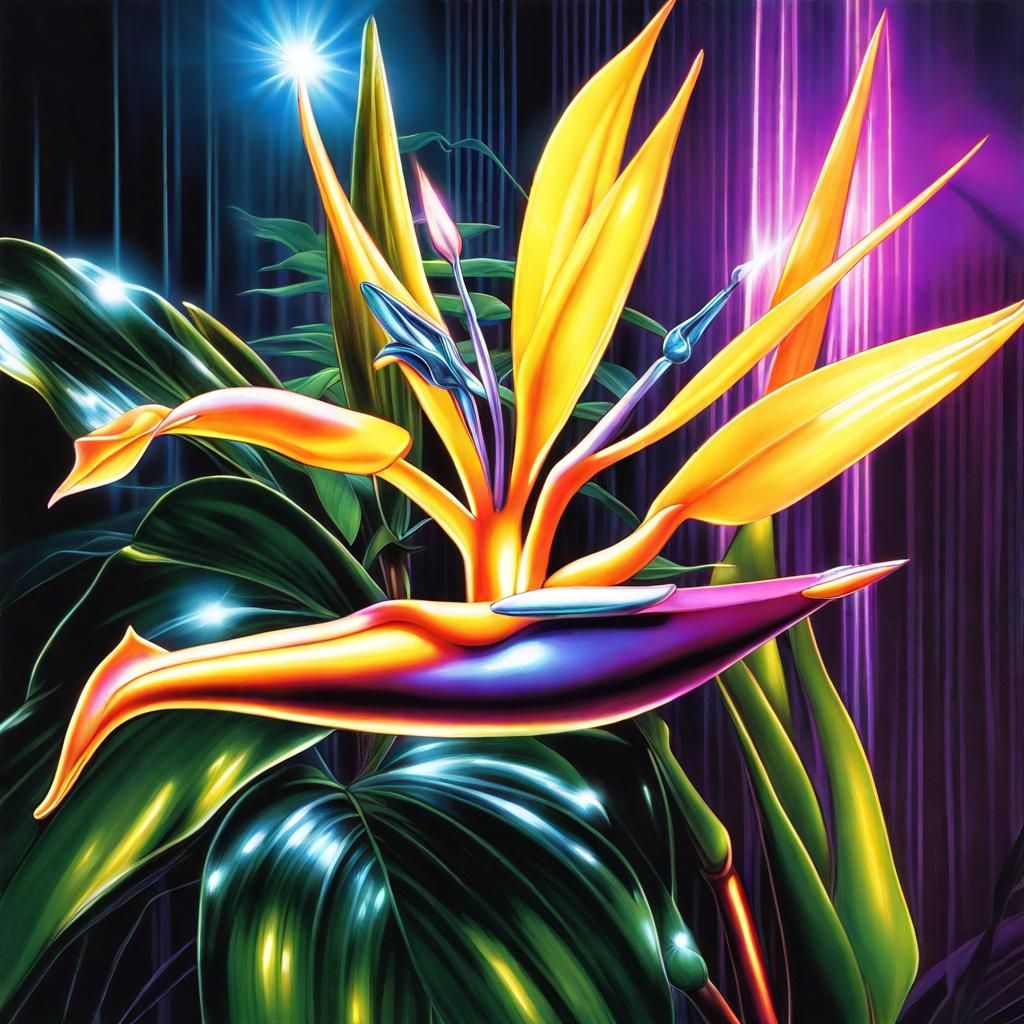 Metallic Orchid and Bird of Paradise in Retro Style