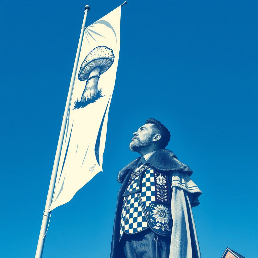 Mushroom Flagpole with Accountant in Linocut Style