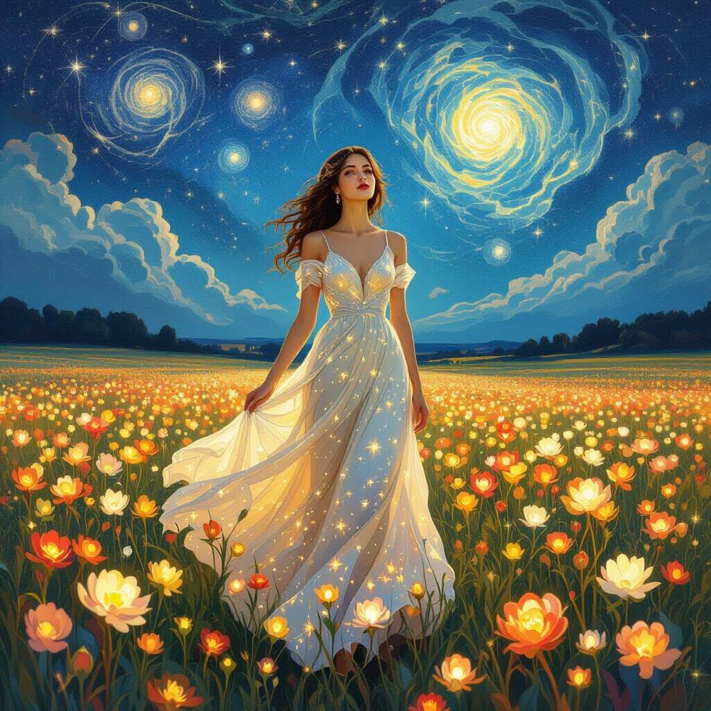 Woman in Starlight Dress Amidst Cosmic Flowers