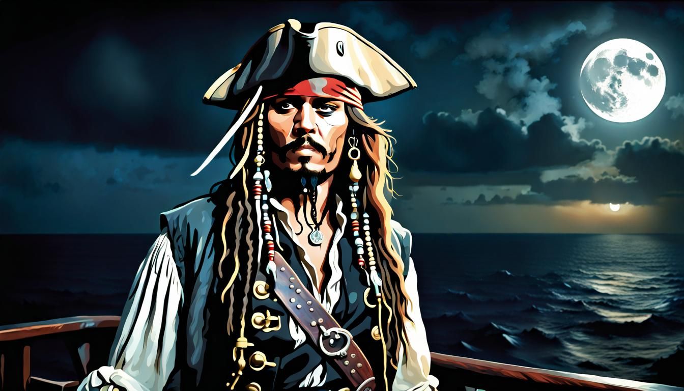 Captain Jack Sparrow on Deck in Moonlight, Digital Painting