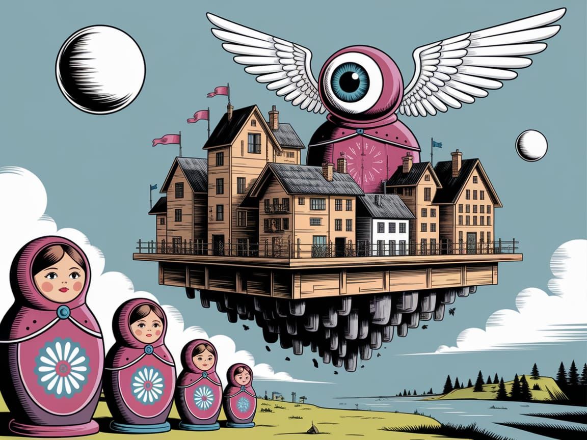 Matryoshka Doll Buildings Flown by Cloth-Winged Eyeball Hat ...