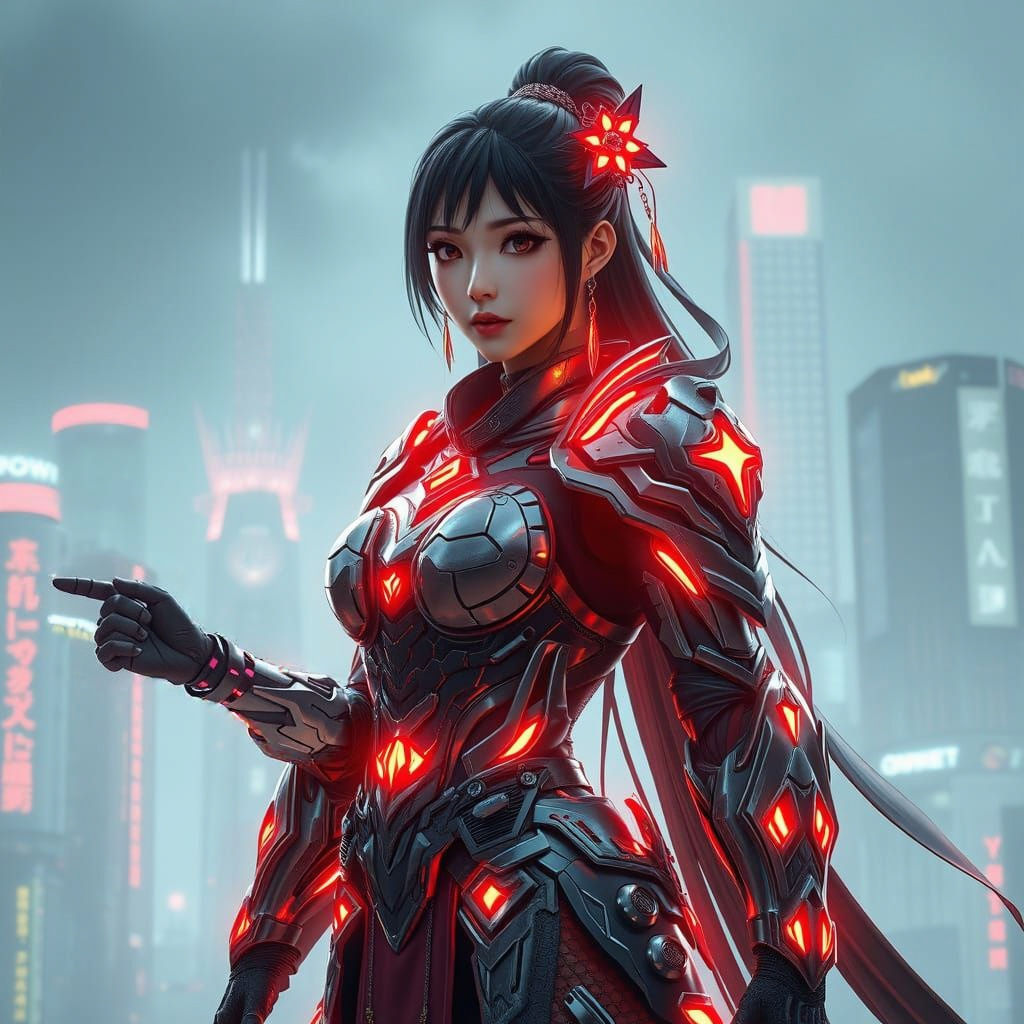 Ethereal Chinese Warrior in Futuristic Armor