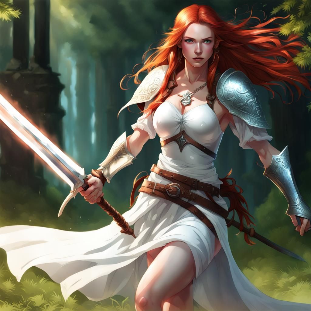 Woman with Glowing Sword in Dynamic Fantasy Pose