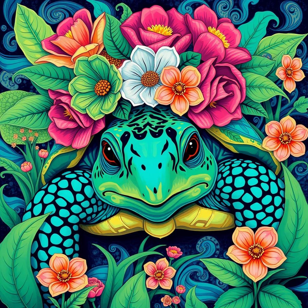 Tortoise with Floral Crown in Pop Art Style