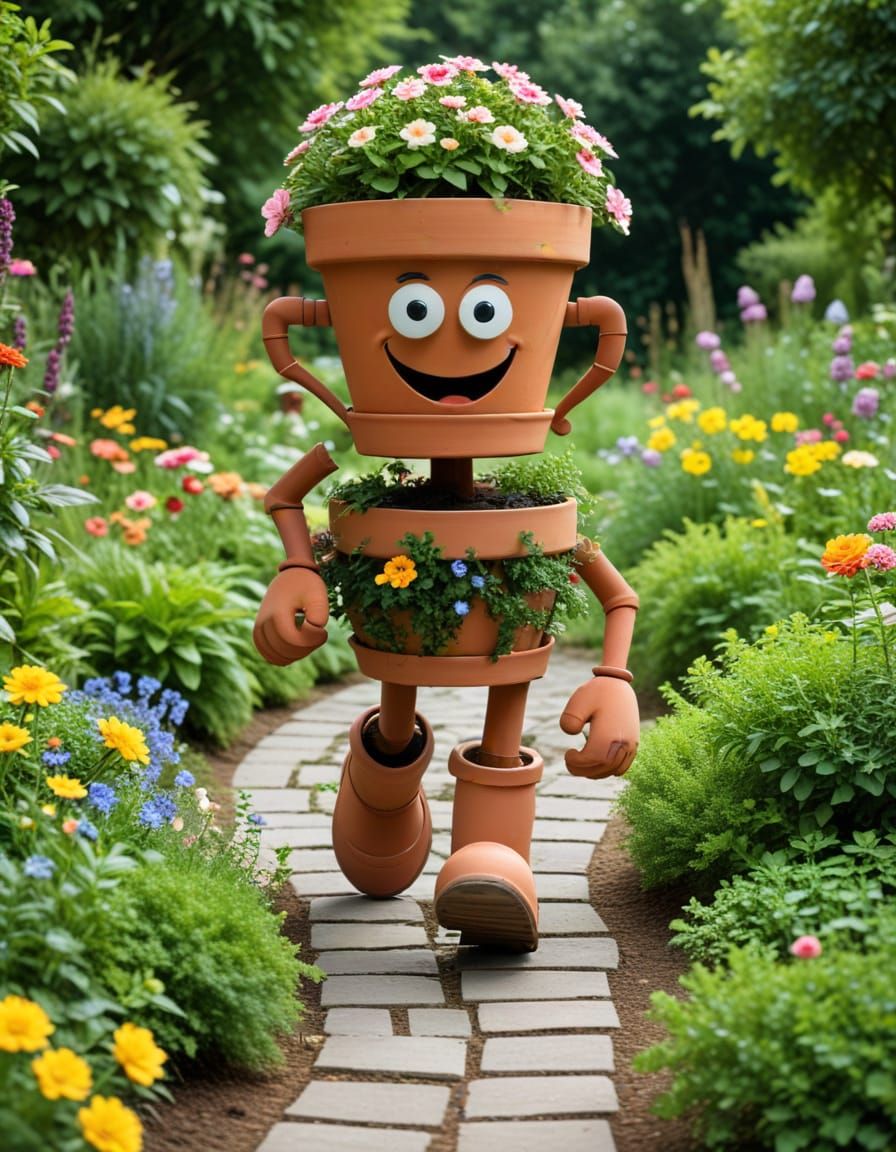 Whimsical Flowerpot Runner on a Garden Path