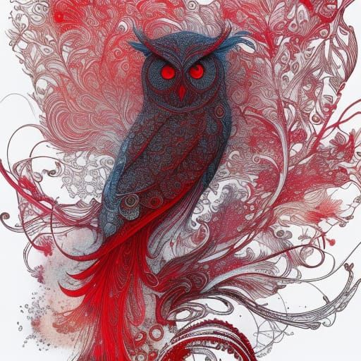 Fantastical Red Owl in Ink Flow Art Style