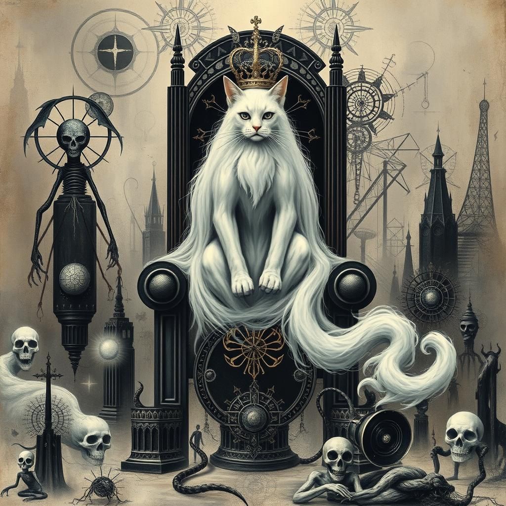 Ghostly Feline on Dystopian Throne: Surreal Automatism