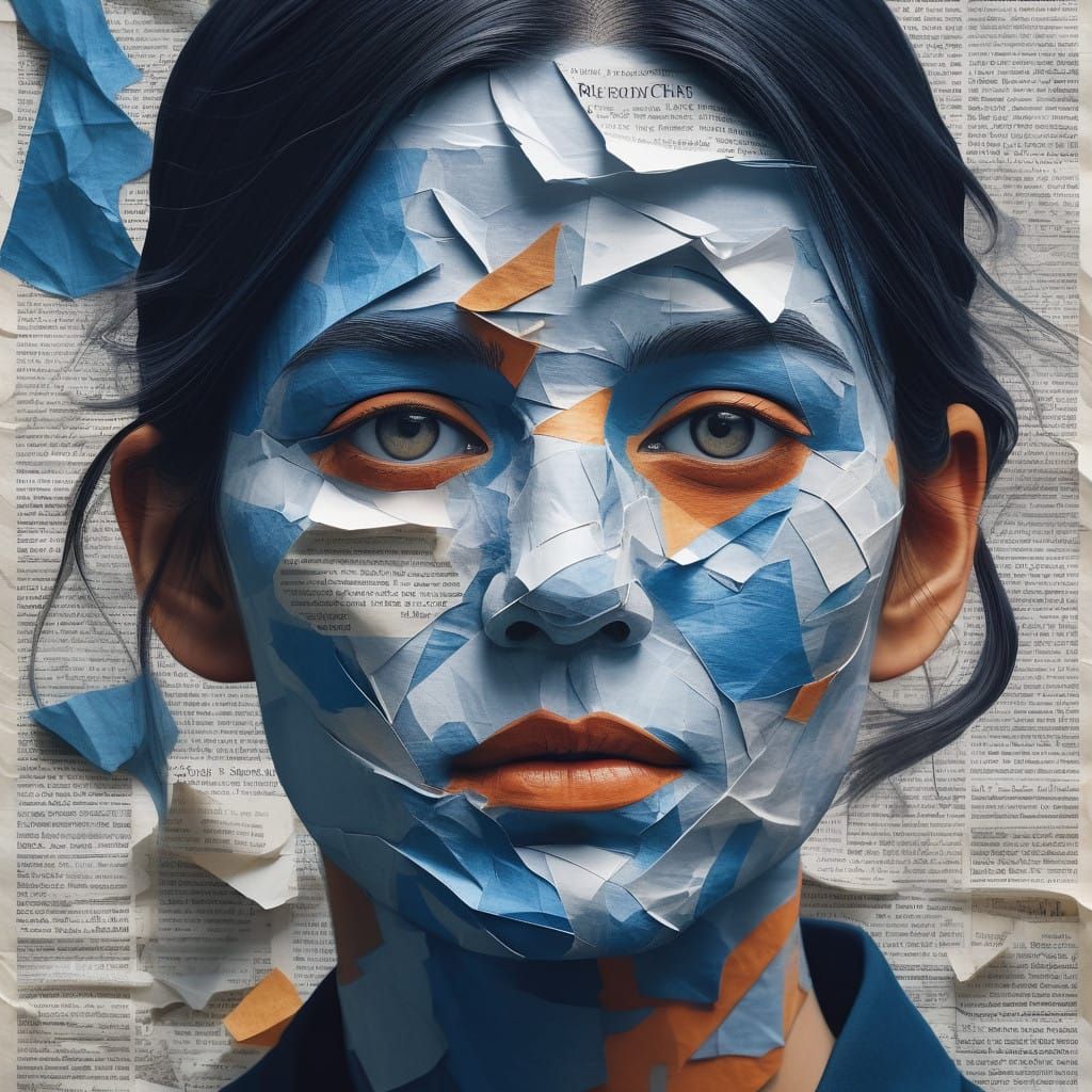 Face of Wonder in Crumpled Newsprint