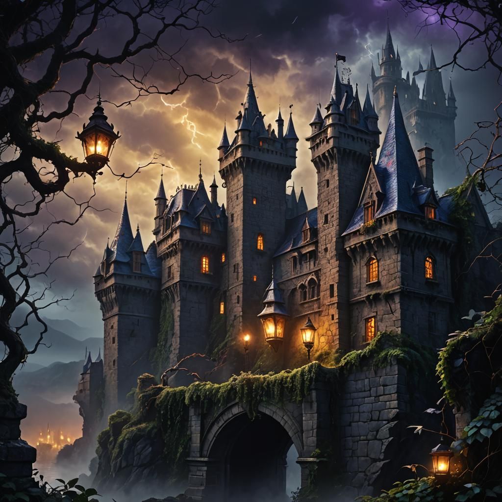 Dark Fantasy Castle Turret in Stormy Night