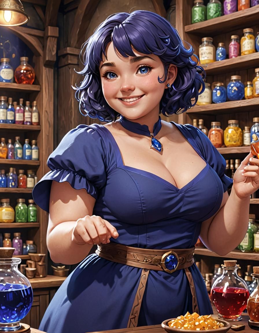 Sapphire Sorceress Selling Potions in Anime Style