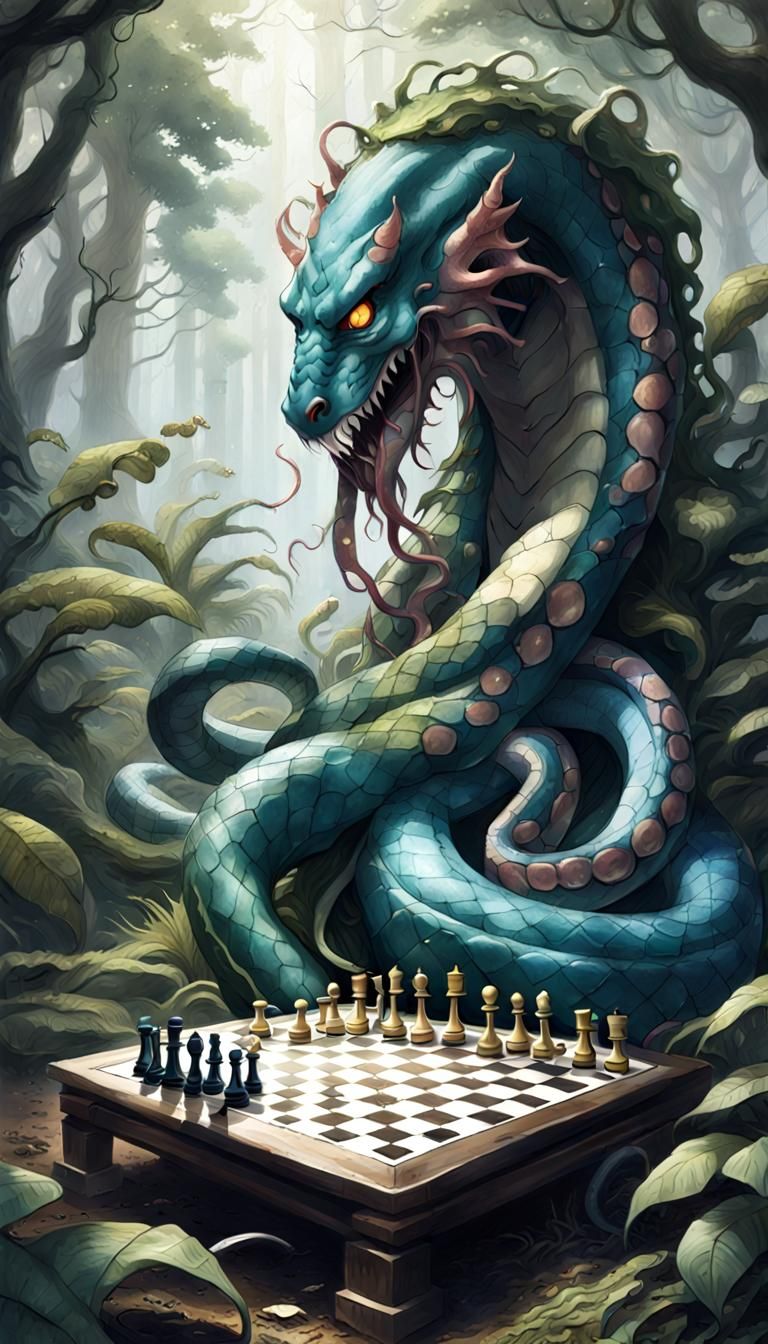 Teal Snake Creature Playing Chess With Chimera