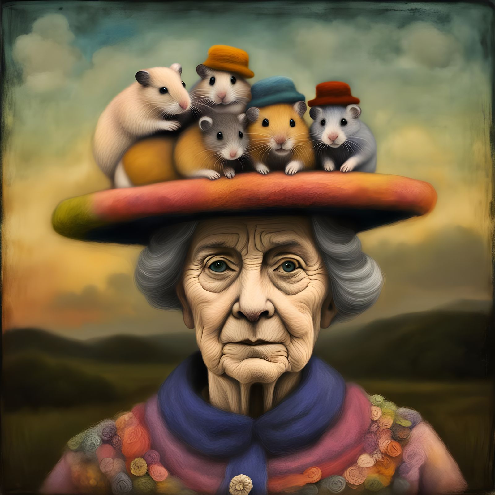 Woman's Hamster Hat in Art Brut Style