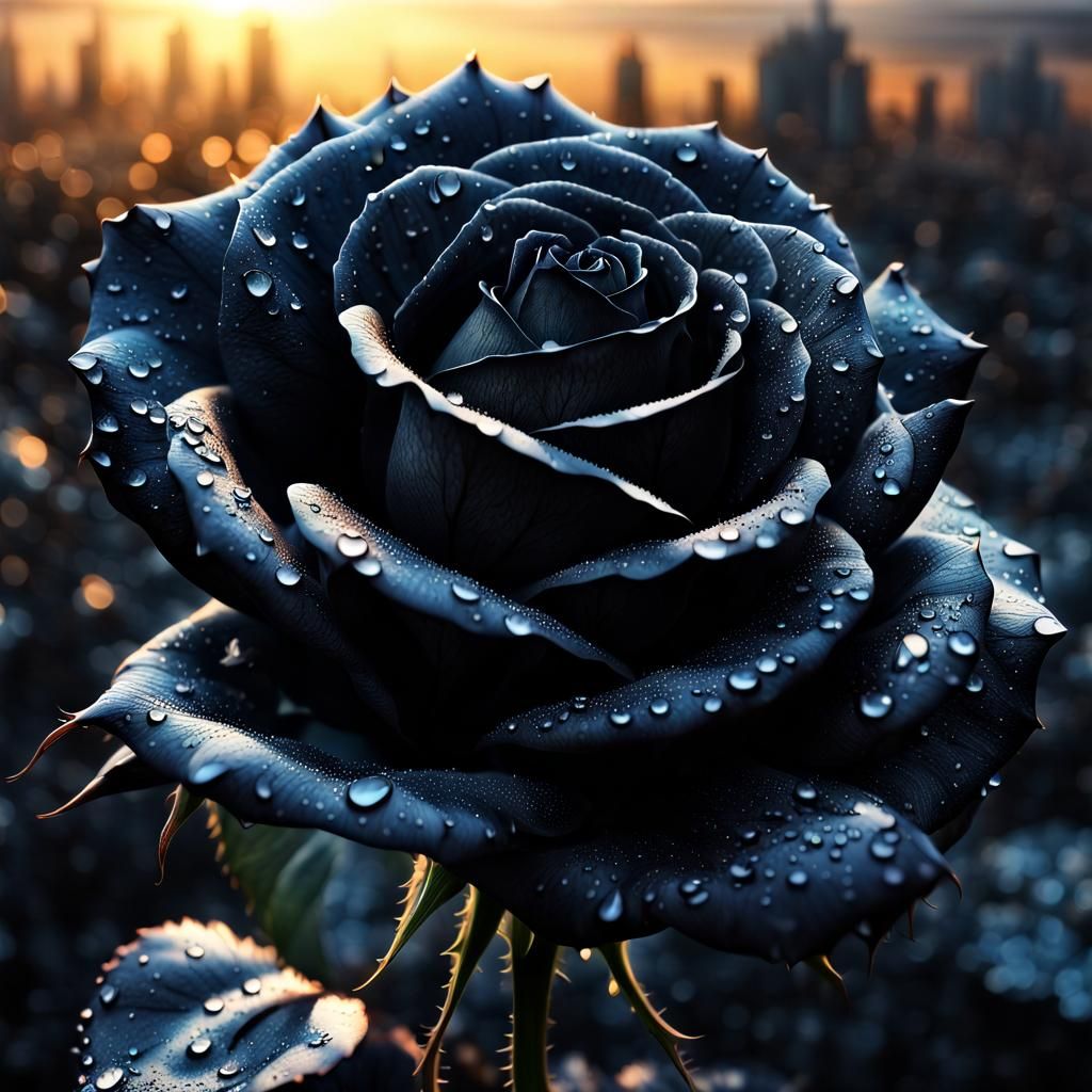 Black Rose with Dewdrops in Sunlight