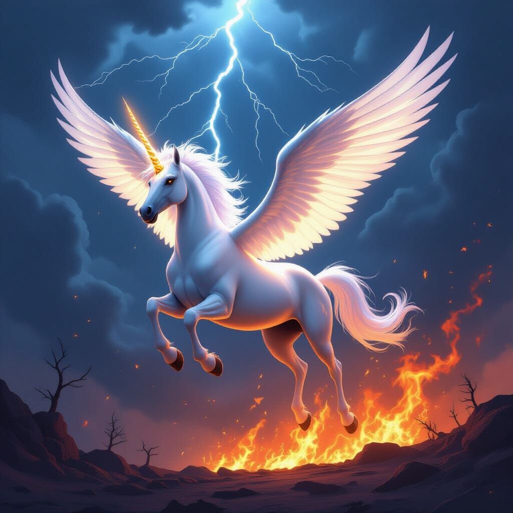 Winged Unicorn Soaring Through Stormy Night Sky