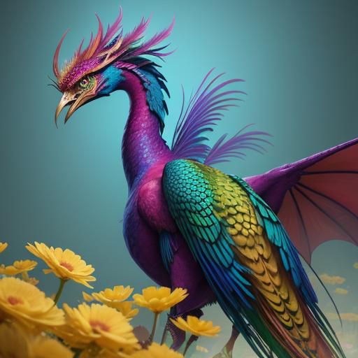 Colorful Woman with Dragon Peacock, 3D Digital Art