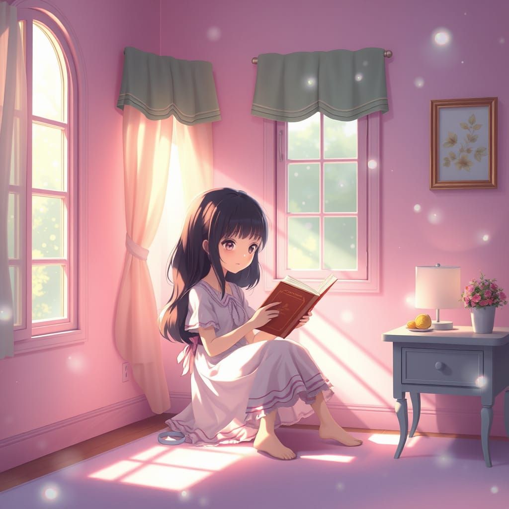 Anime Girl Reading in Pastel Room with Ethereal Mist