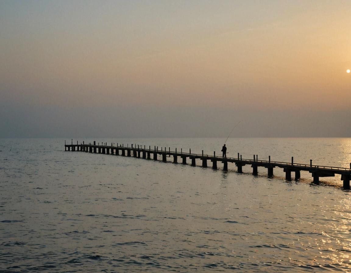 Fisherman Silhouetted on Jetty at Sunset