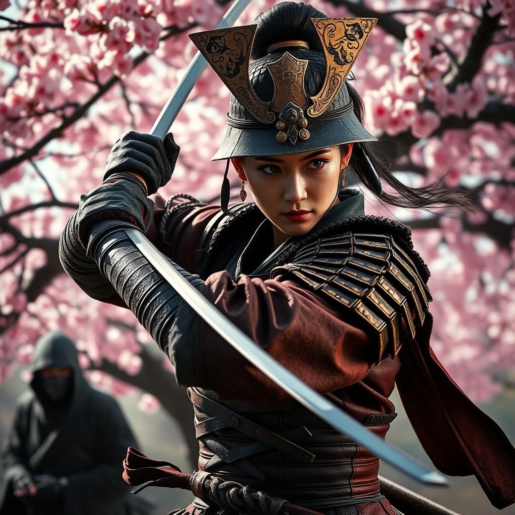 Samurai Woman Battles Ninja Under Cherry Blossoms