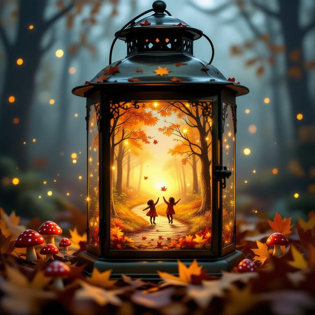 Whimsical Autumn Scene Inside an Antique Lantern