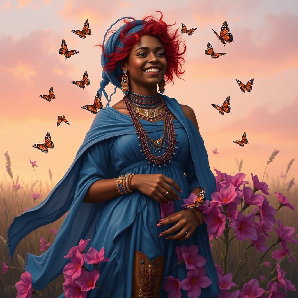 Louisiana Voodoo Priestess with Pink Flowers Portrait