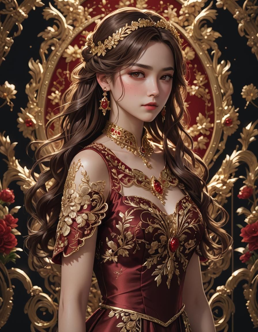 Elegant Anime Woman in Red Dress: 3D Portrait