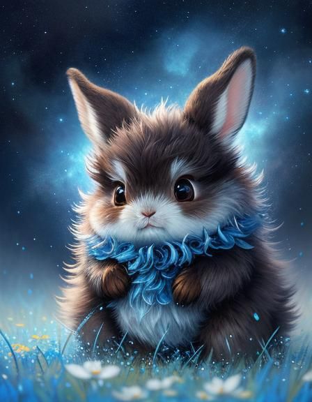Fluffy Fantasy Bunny in Flower Rain: Oil Painting