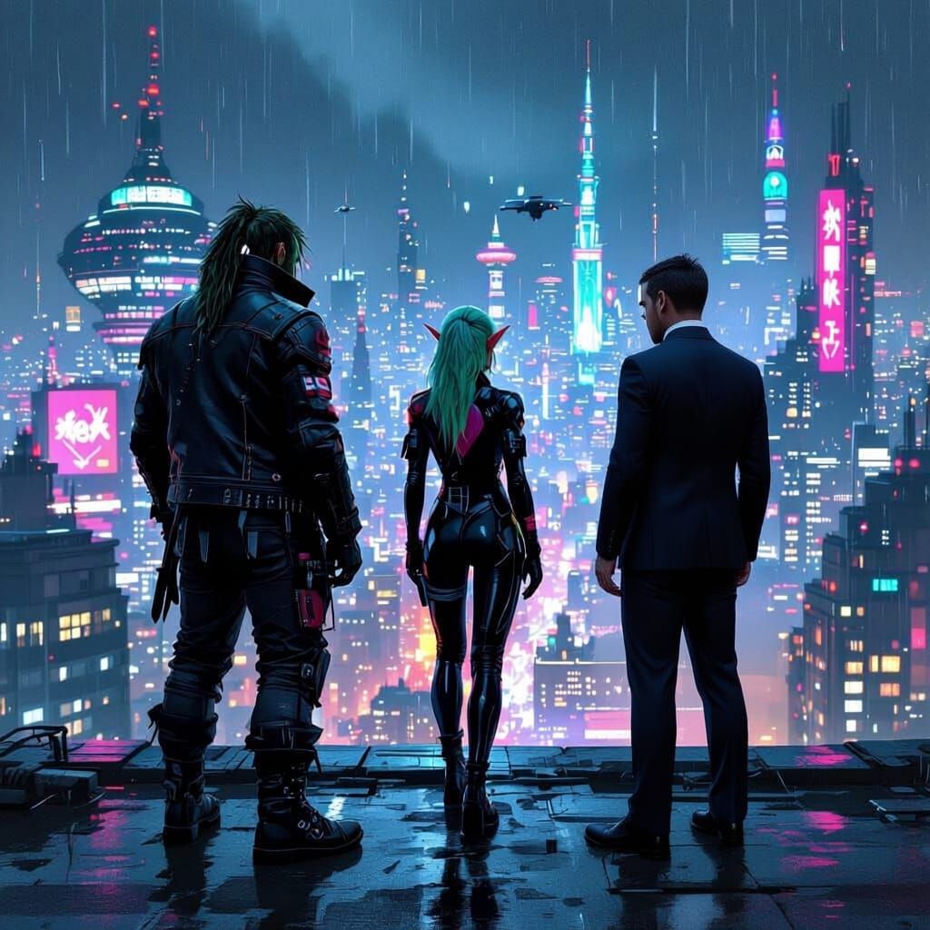 Cyberpunk Shadowrunners on a Neon Rooftop
