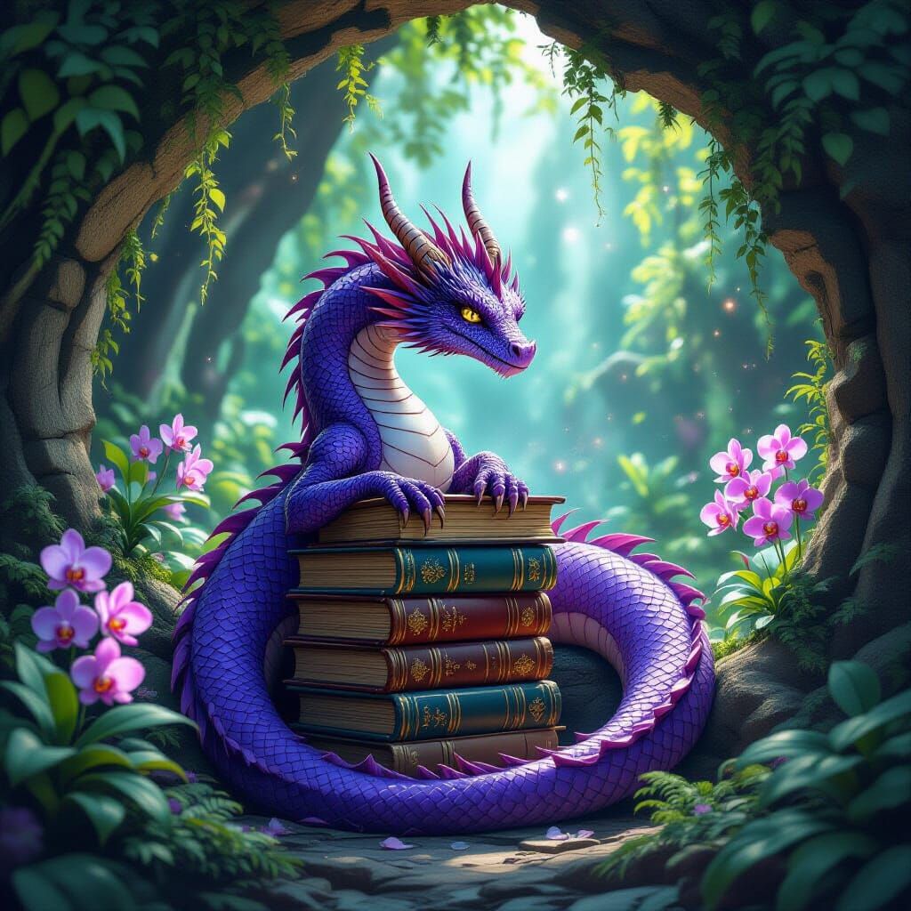 Majestic Dragon Guarding Ancient Books in Grotto