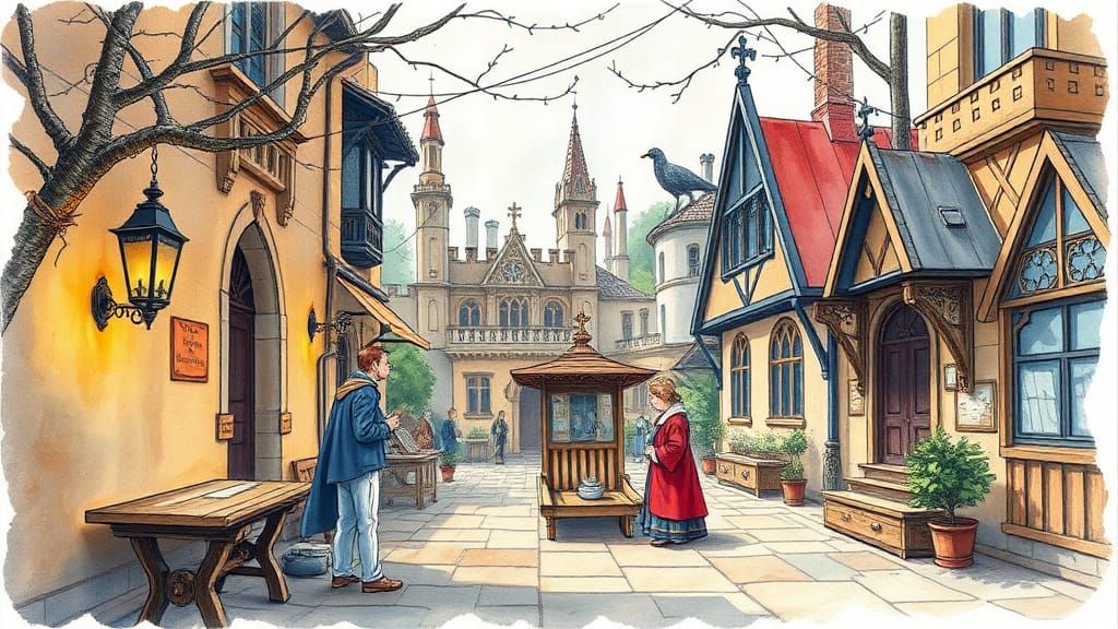 Chaotic Watercolor Scene with Gothic Elements