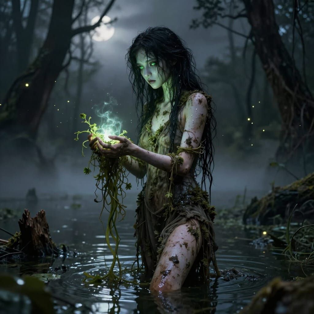 Mysterious Swamp Spirit Emerges from Dark Forest at Night