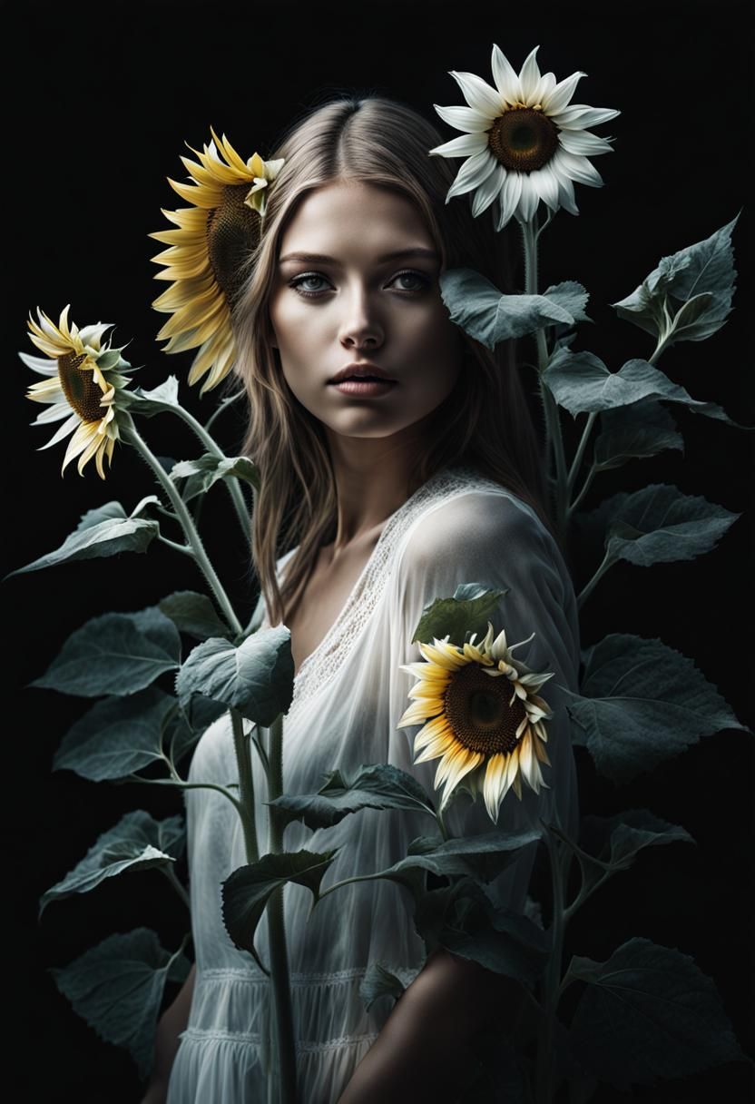 Double Exposure: Woman with Sunflowers