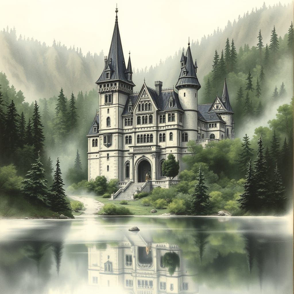 Ethereal Castle Amidst Whimsical Forest Landscape