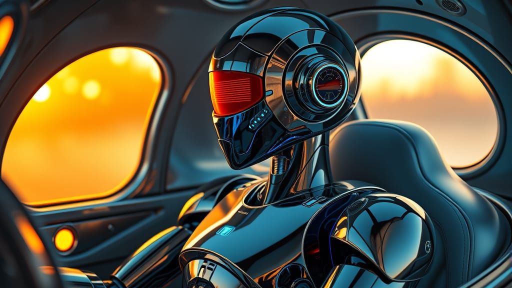 Retro-Futuristic Chrome Robot in Luxurious Cockpit
