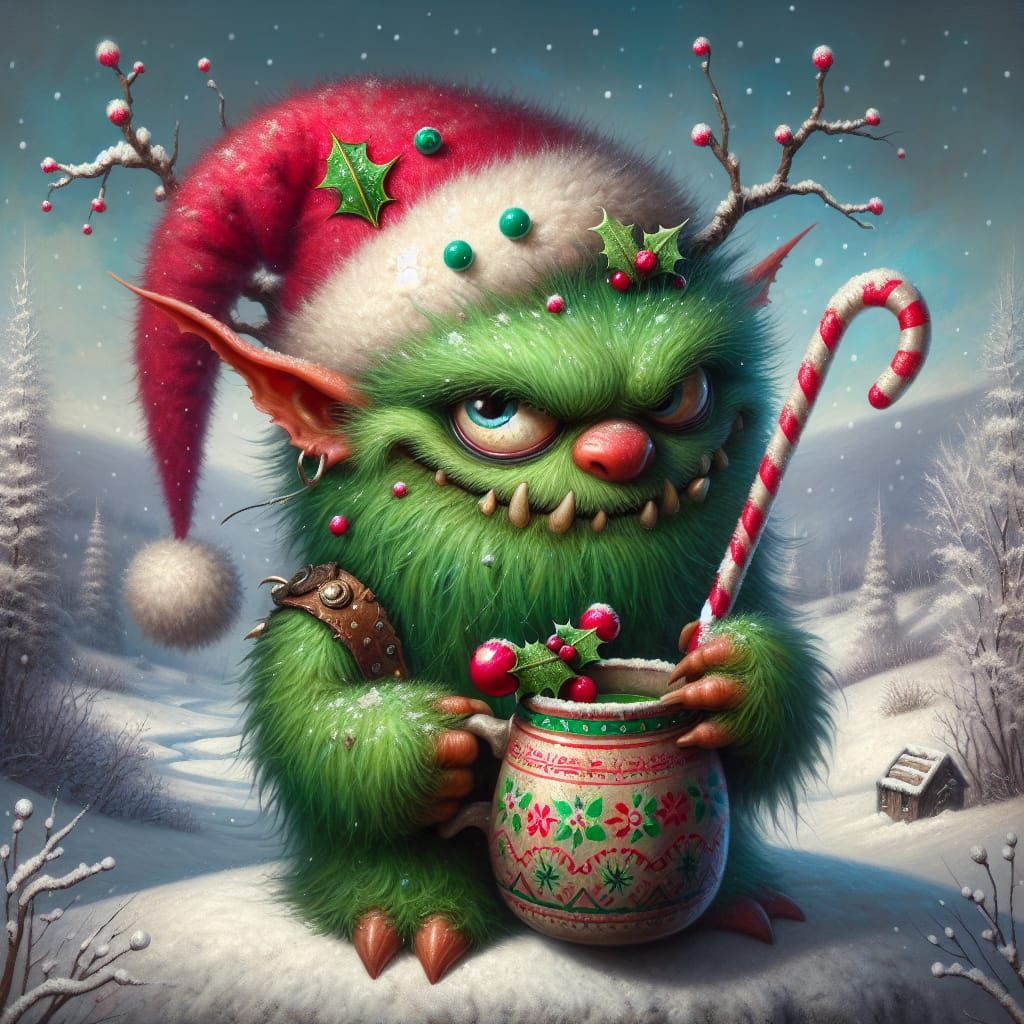 Festive Goblin with Candy Cane in Winter Scene
