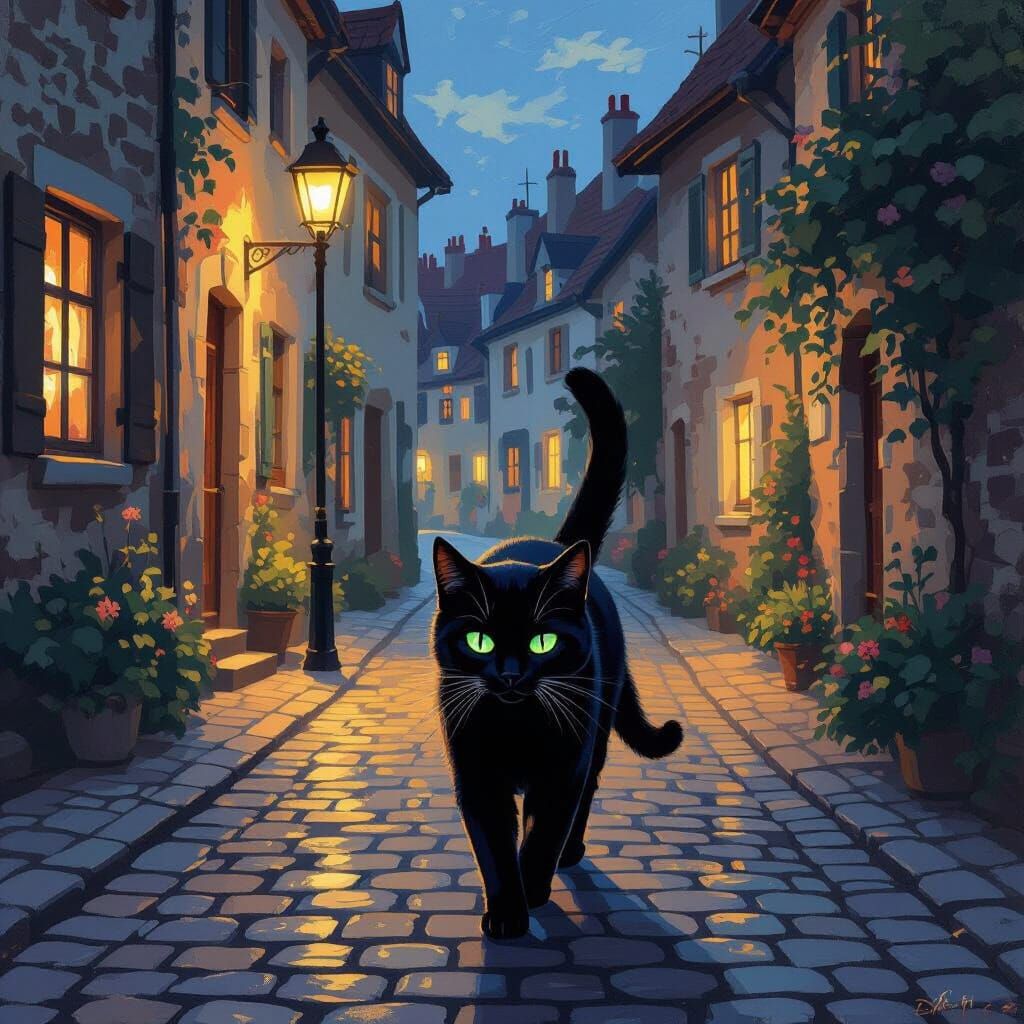 Black Cat on Cobbled Street in European Town